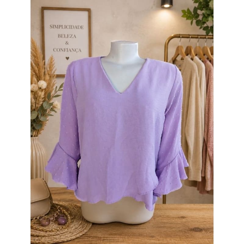 Blusa Feminina Lilás Manga 3/4 Com Babado Decote V Estrelicia Tam M Elegante Casual