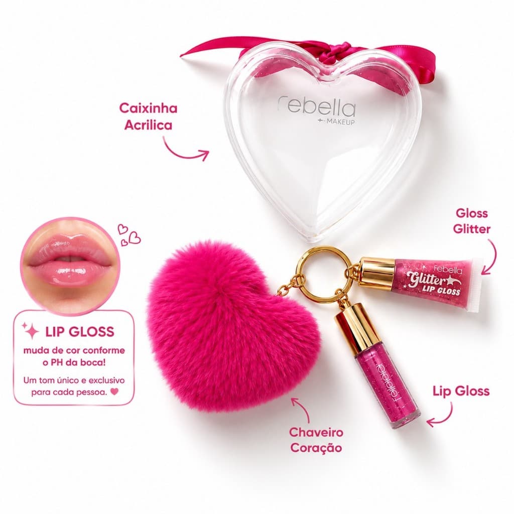 Glitter Lip Gloss Heart Case + Chaveiro+ 2 Lip gloss Febella