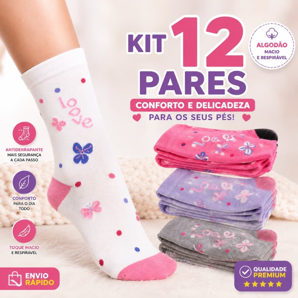 Meias Femininas Masculinas Soquete Cano Longo Kit 12 pares ganha 1 brinde
