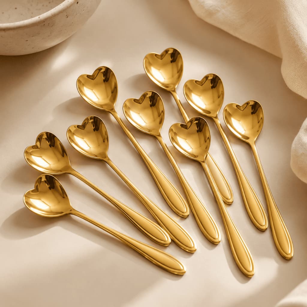 Kit 5 Colheres Coração Douradas em Aço Inoxidável Mesa Posta Café Chá  Sobremesa Luxo