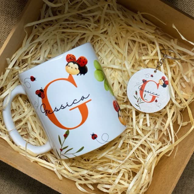 Kit Caneca Personalizada Nome + Caixa MDF CRU + Chaveiro Mdf / Presente Especial Mãe- Amiga- Dinda