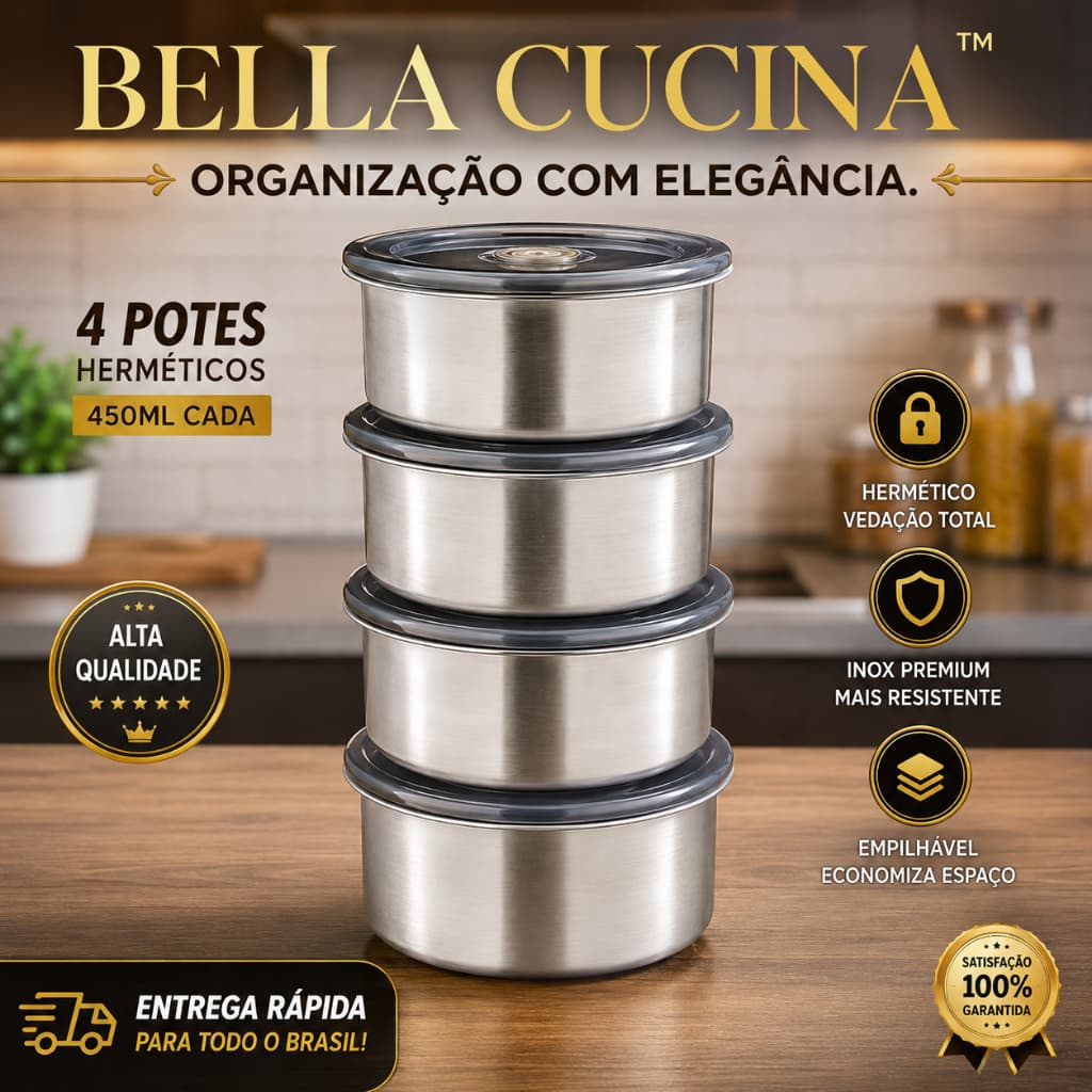 Conjunto Potes Hermeticos Inox Redondos 450ml Organizador Cozinha Preservacao Alimentos