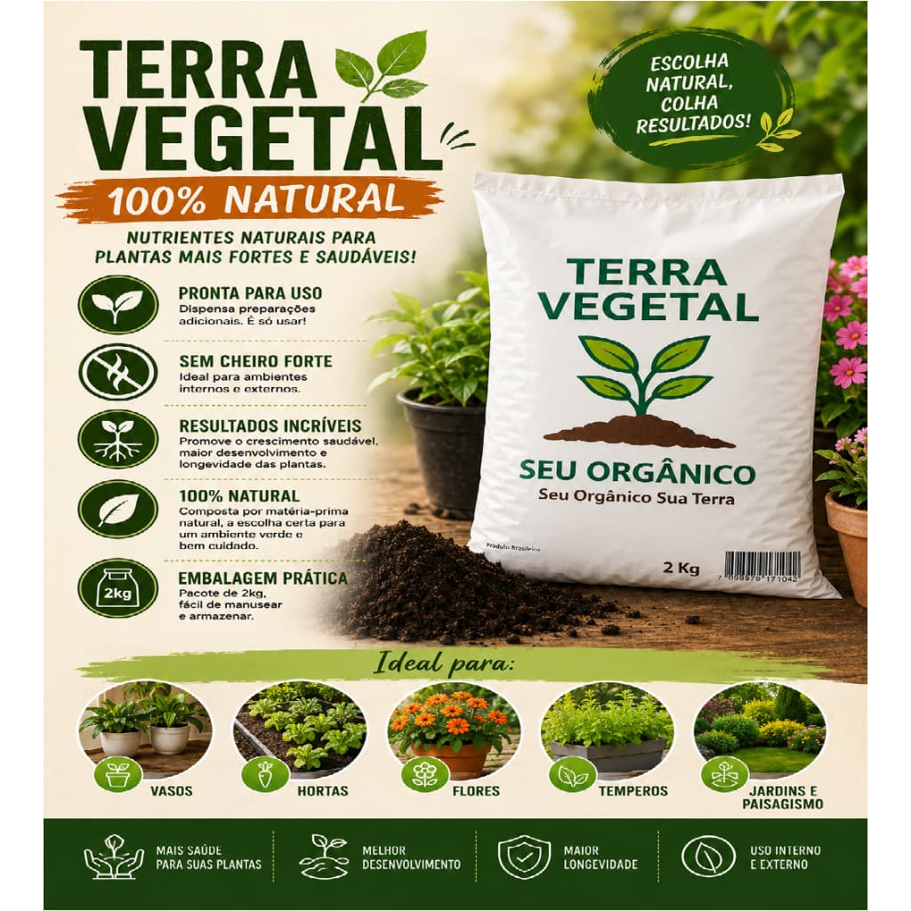 Terra Vegetal Adubada Orgânica 2kg - Pronta para o Plantio Jardinagem Jardim adubo - Seu Orgânico