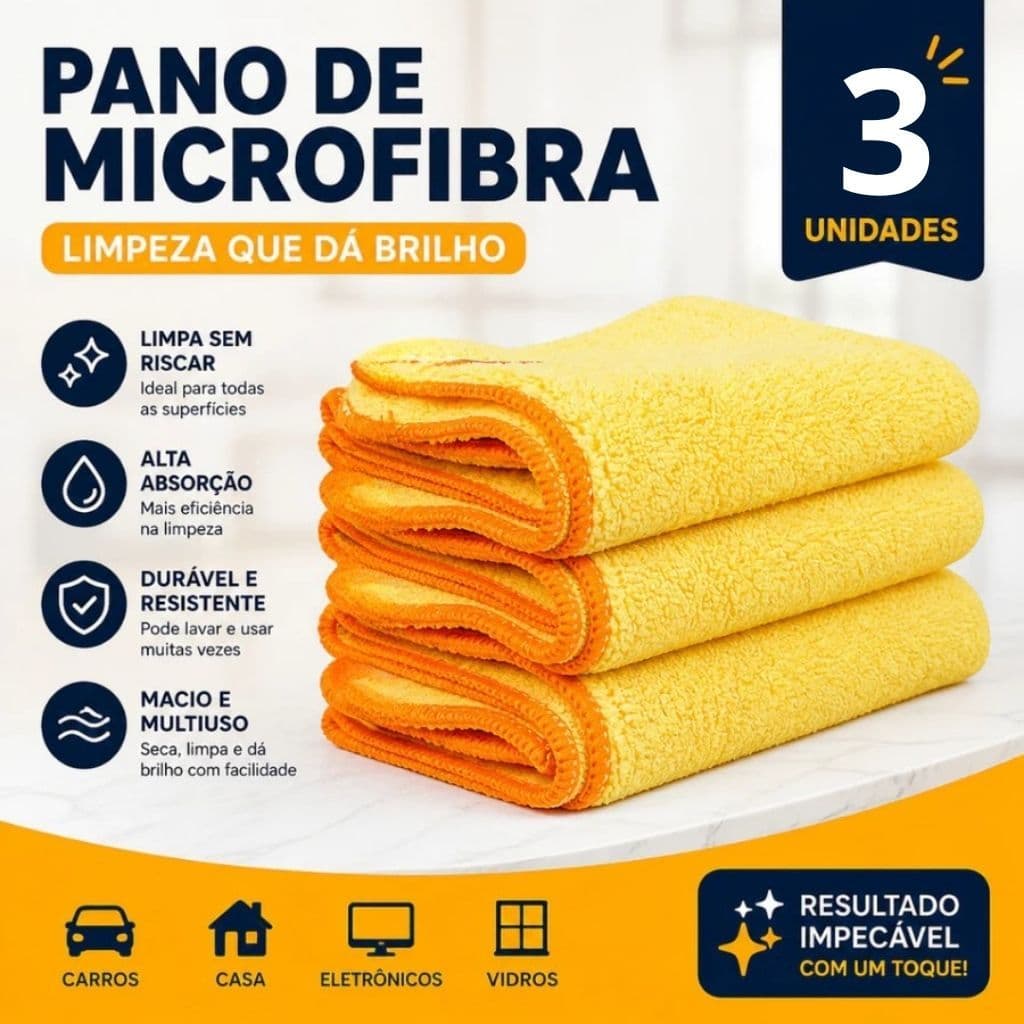 Flanelas Microfibra Premium 60x40cm 350gsm Alta Absorção Limpeza Veicular Doméstica Vidros Espelhos Polimento