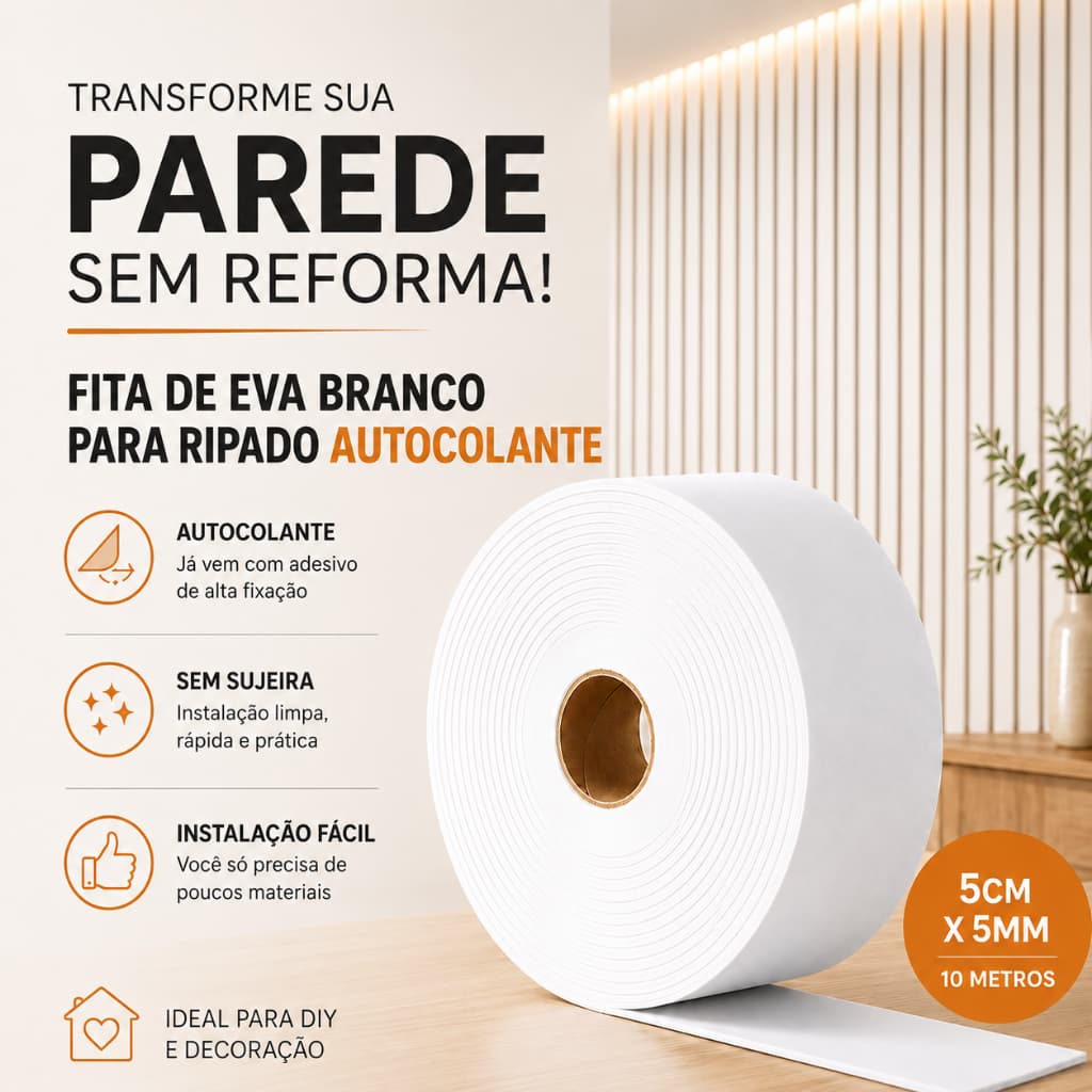 Fita de Eva Branco Para Ripado Autocolante Larg 5cm X 5mm X 10 Metros