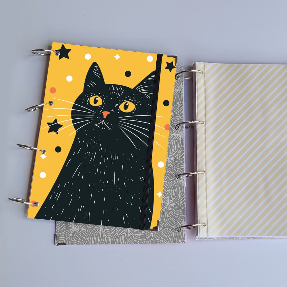Caderno Argolado Gato Solar Místico com Estrelas (Capa e Argolas) Universitário Colegial A5 Fichário