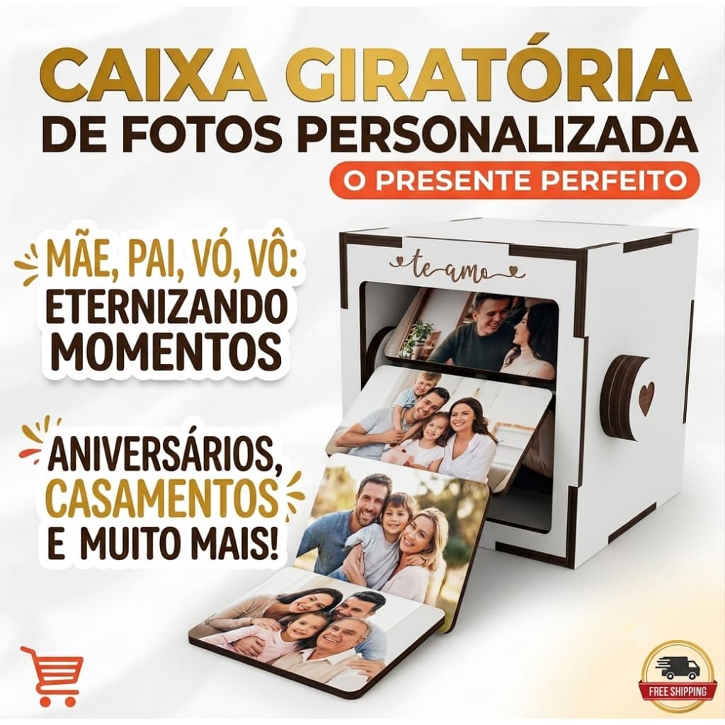 Caixa Porta Retrato Giratória Personalizada Te Amo – Presente para Pai, Mãe, Vó e Vô | Fotos de Família Decorativa