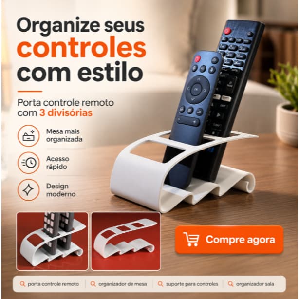 Porta Controle Remoto 3 Divisórias | Suporte Organizador de Mesa para Sala, Quarto e TV