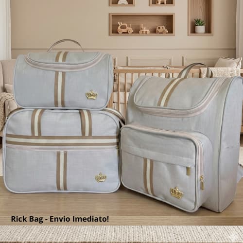 Kit Classic Bege Bolsas Maternidade Com Mochila Saida, Bolsa média e Necessaire