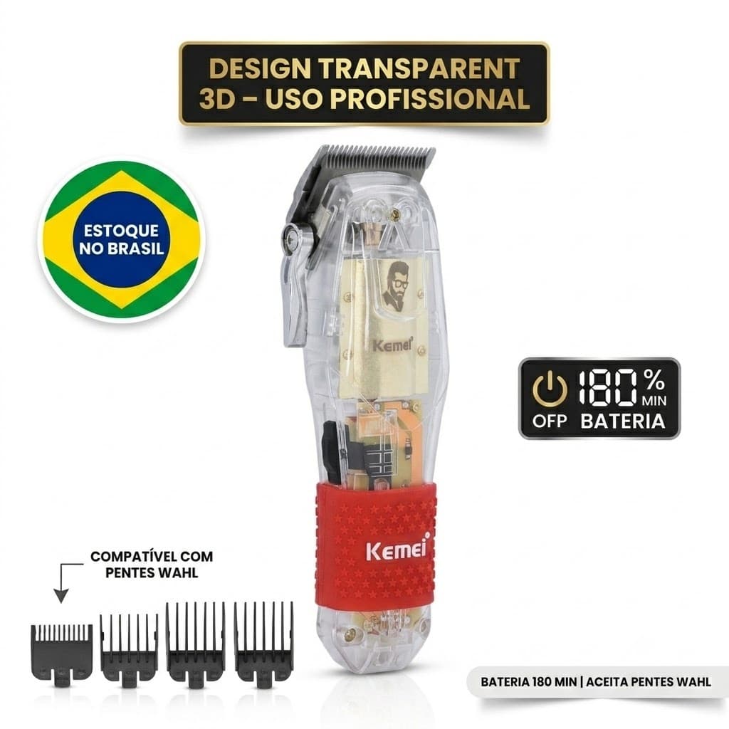 Maquina De Cortar Cabelo Aparador Pelos Kemei NG-203 Profissional Transparente Barbeador Bivolt Barba