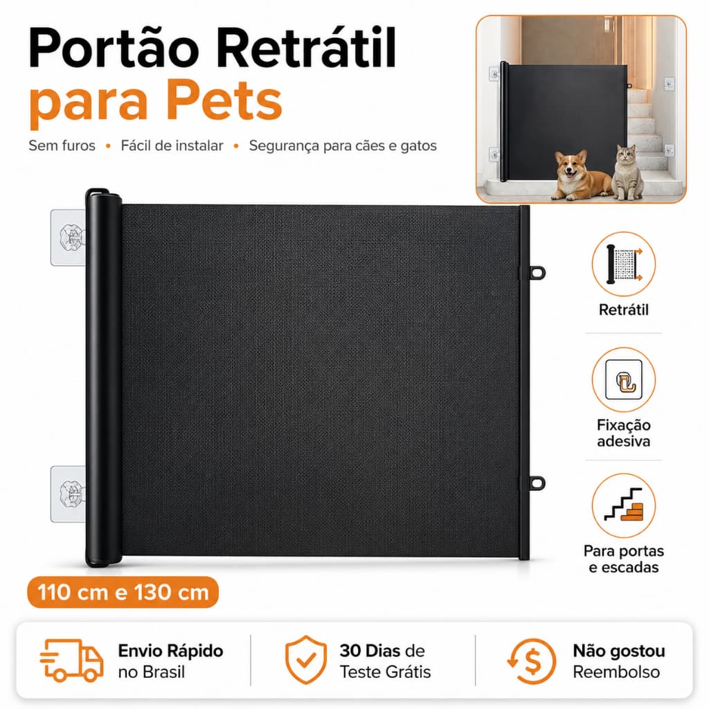 Portão Retrátil Pet Sem Furo Grade de Segurança para Cachorro Gato Porta Escada Varanda 110cm 130cm