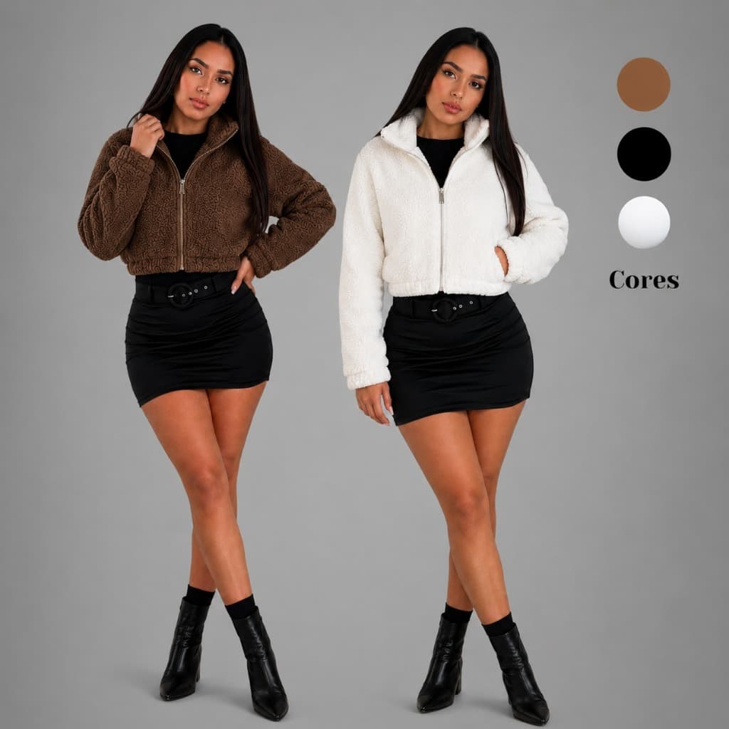 Kit 2 Casacos Teddy Casaquinho Jaqueta Curta Feminina Sintetico Ziper Pelinho Gola Inverno Sherpa