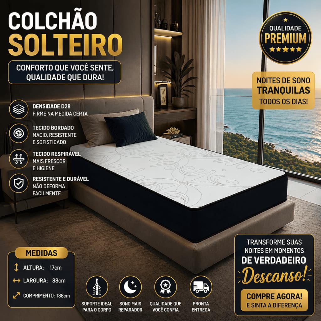 Colchão de Solteiro Cinza Bordado D28 - 17cm⚠️ESTOQUE CRÍTICO🔥Conforto Extremo Última Chance
