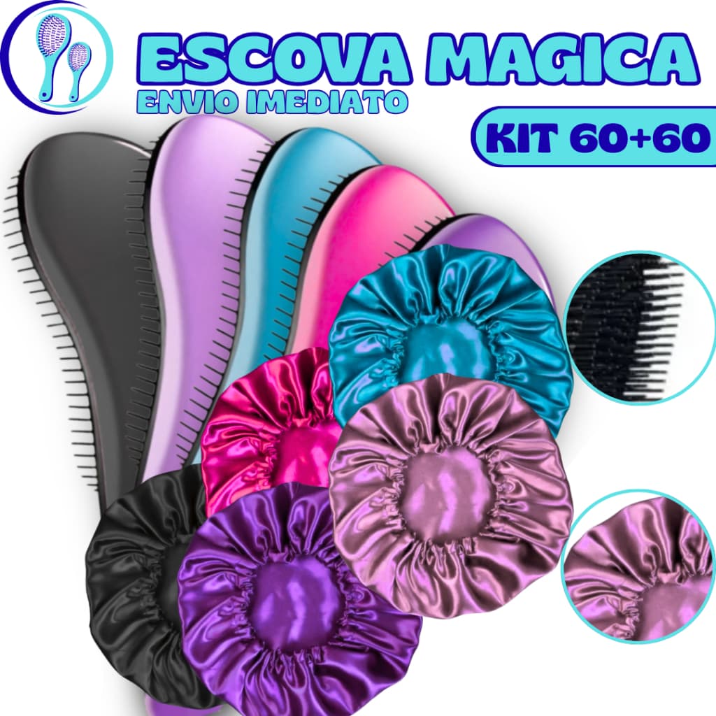 Kit 120 - Kit 60 Touca De Cetim + Kit 60 Escovas Mágicas pra cabelo - Anti Frizz - De Desembaraçar Cabelo