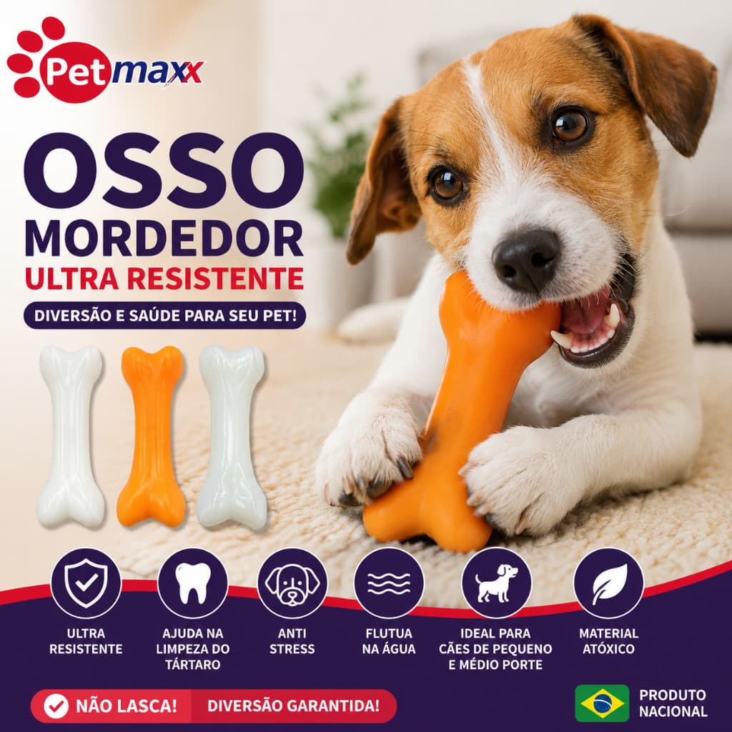 Osso Mordedor Pet Ultra Resistente para Cães Pequeno e Médio Porte Anti Stress Limpa Tártaro