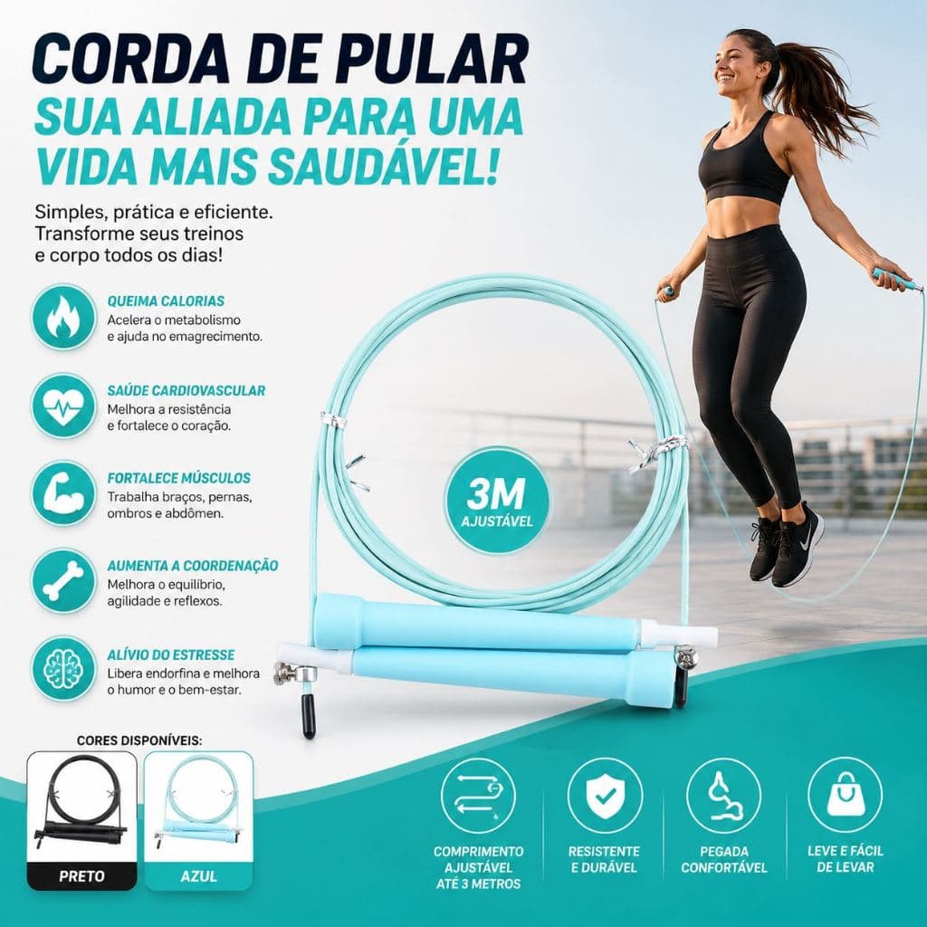 Corda de Pular Profissional 3 Metros Ajustável Fitness Emagrecimento Treino Cardio