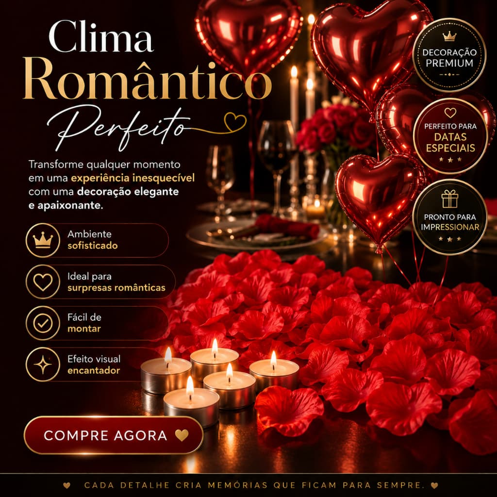 Kit Romântico 300 Pétalas de Rosas Artificiais + 4 Velas Rechaud + 5 Balões Coração.