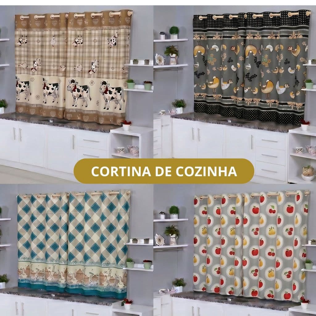 Cortina de Cozinha  2m x 1,40m Tecido Oxford Estampada Decorativa Com Ilhós