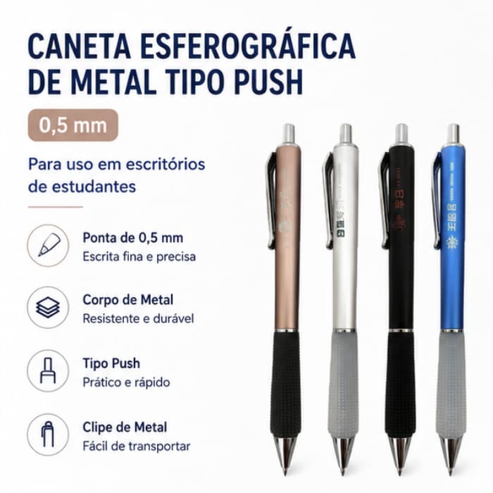 Caneta Metal Push 0,5mm Esferográfica Escrita Fina Clipe Metálico para Escola e Escritório