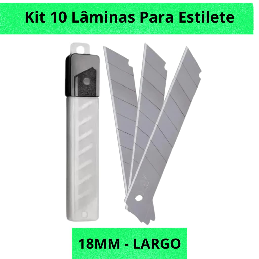 Kit 10 Lâminas Para Estilete 18mm Largo Grande Aço Reposição Universal Resistente