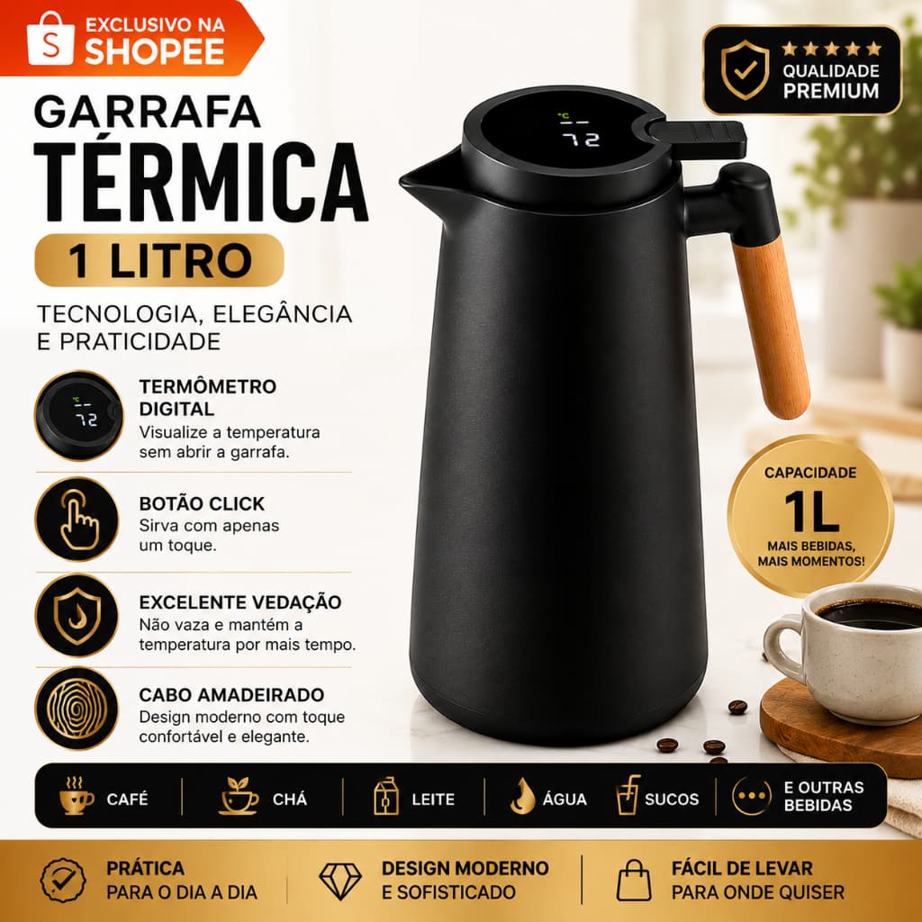 Garrafa Térmica 1L com Termômetro Digital Preta Jarra Inteligente Cabo Madeira para Café Chá Bebidas