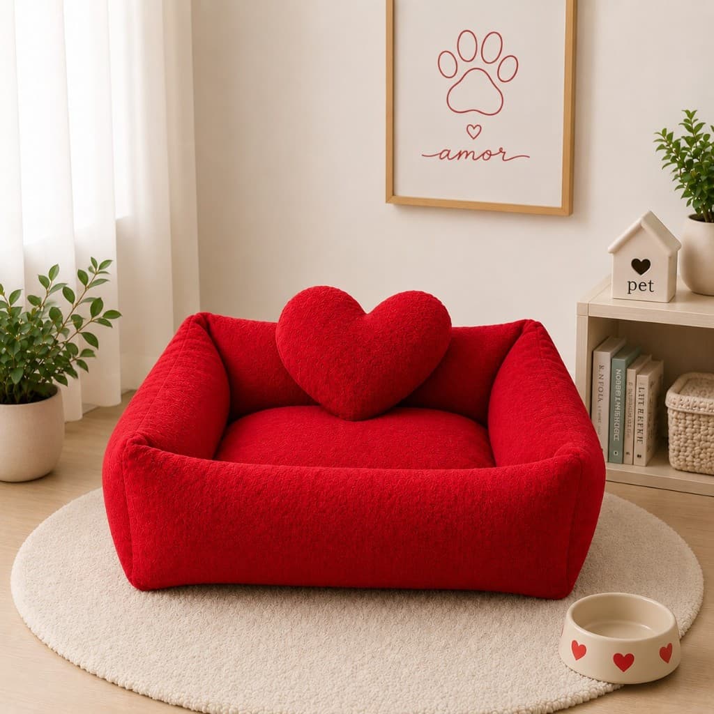 Caminha de Cachorro Cama Pet Gato Porte Médio Grande Antiderrapante Com Coração Pelúcia Vermelho