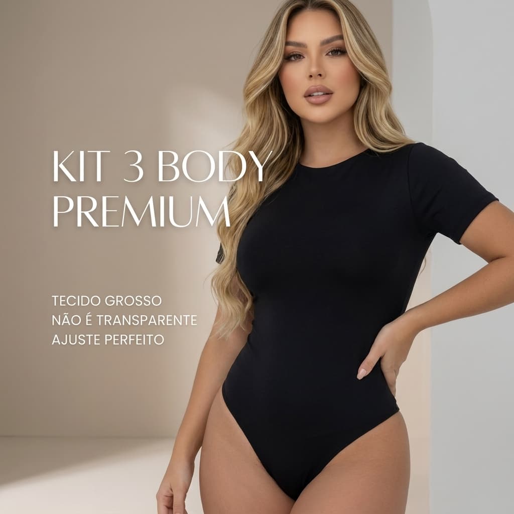 KIT 3 Body Feminino Manga Curta Forro Duplo Suplex Premium Gola Careca