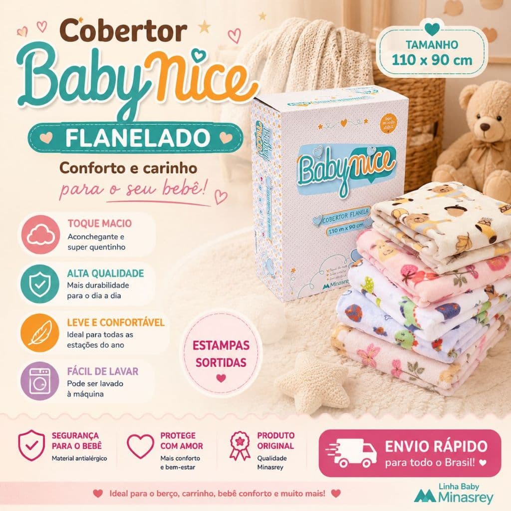 Cobertor Flanelado Bebê 110x90 Estampas Variadas Minasrey