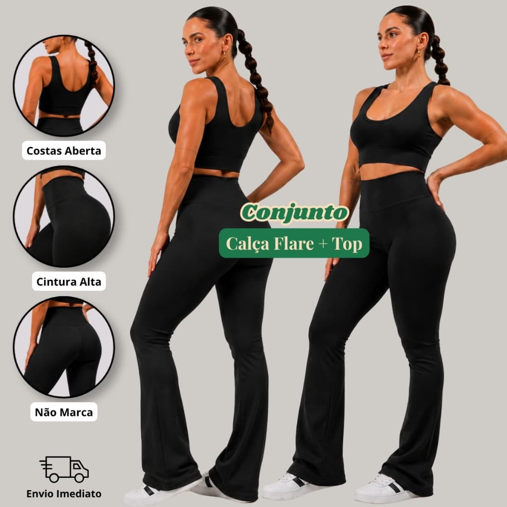 Calça Flare + Top Zero Transparência Conjunto Fitness Feminino Leg Cintura Alta Academia São João
