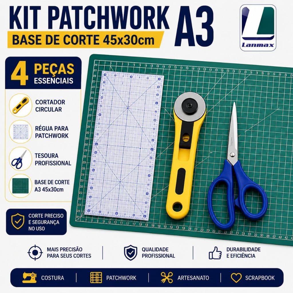 Kit Completo Patchwork Base Corte A3 45x30 Régua Cortador Circular Tesoura Artesanato Scrapbook