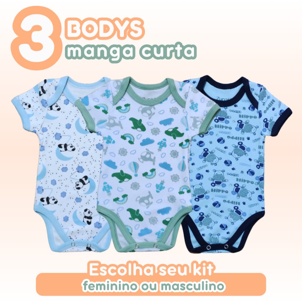 Kit 3 Bodys Bebê Algodão Manga Curta Estampado Gola Envelope Verão Meia Estação Feminino Masculino Zuraffa Baby