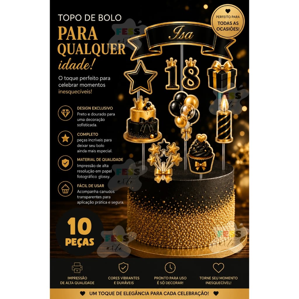 topo de bolo preto e dourado 10 peças decoração idade tag barato personalizado nome idade