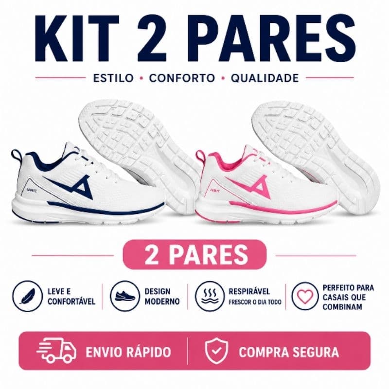 Kit Casal 2 Pares Tênis Esportivo Leve Confortável Caminhada Academia Dia a Dia Enviado na Caixa