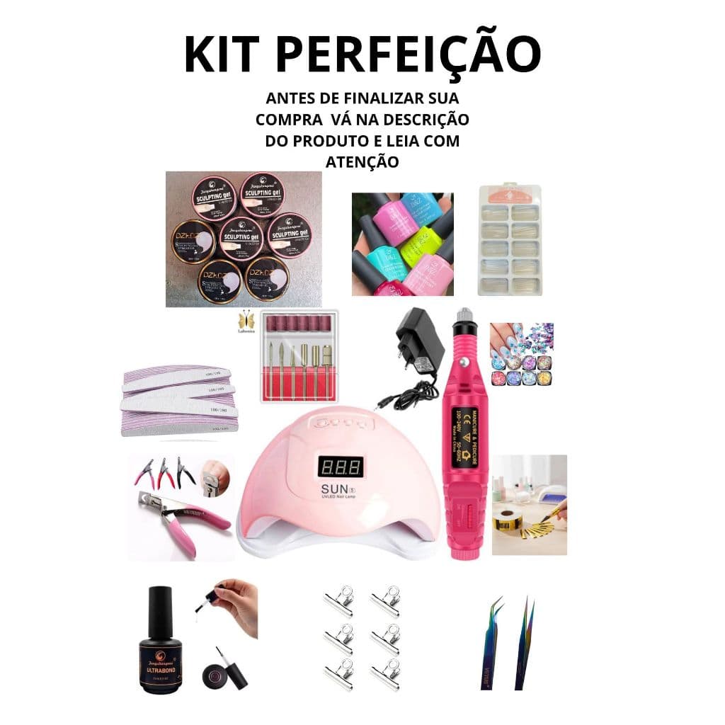 Kit Perfeição Completo Profissional Nail Designer Cabine LED Sun + Lixadeira 35000RPM + Coletor de poeira + Esmaltes