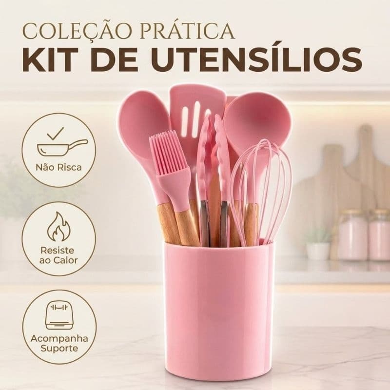 Conjunto Utensílios Cozinha Silicone Jogo 8 Peças Cabo Madeira Rosa Durável Flexível Antiaderente
