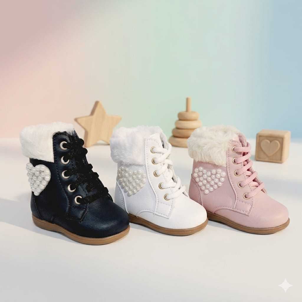 Bota infantil coturno menina coração com pelinho cano alto preta branca e rose