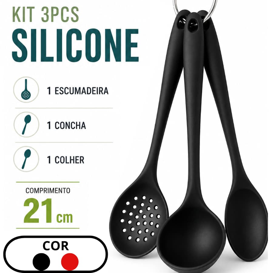 Kit 3 Utensilios De Silicone 21CM Preto Ou Vermelho Colher Concha Escumadeira Cozinha Resistente