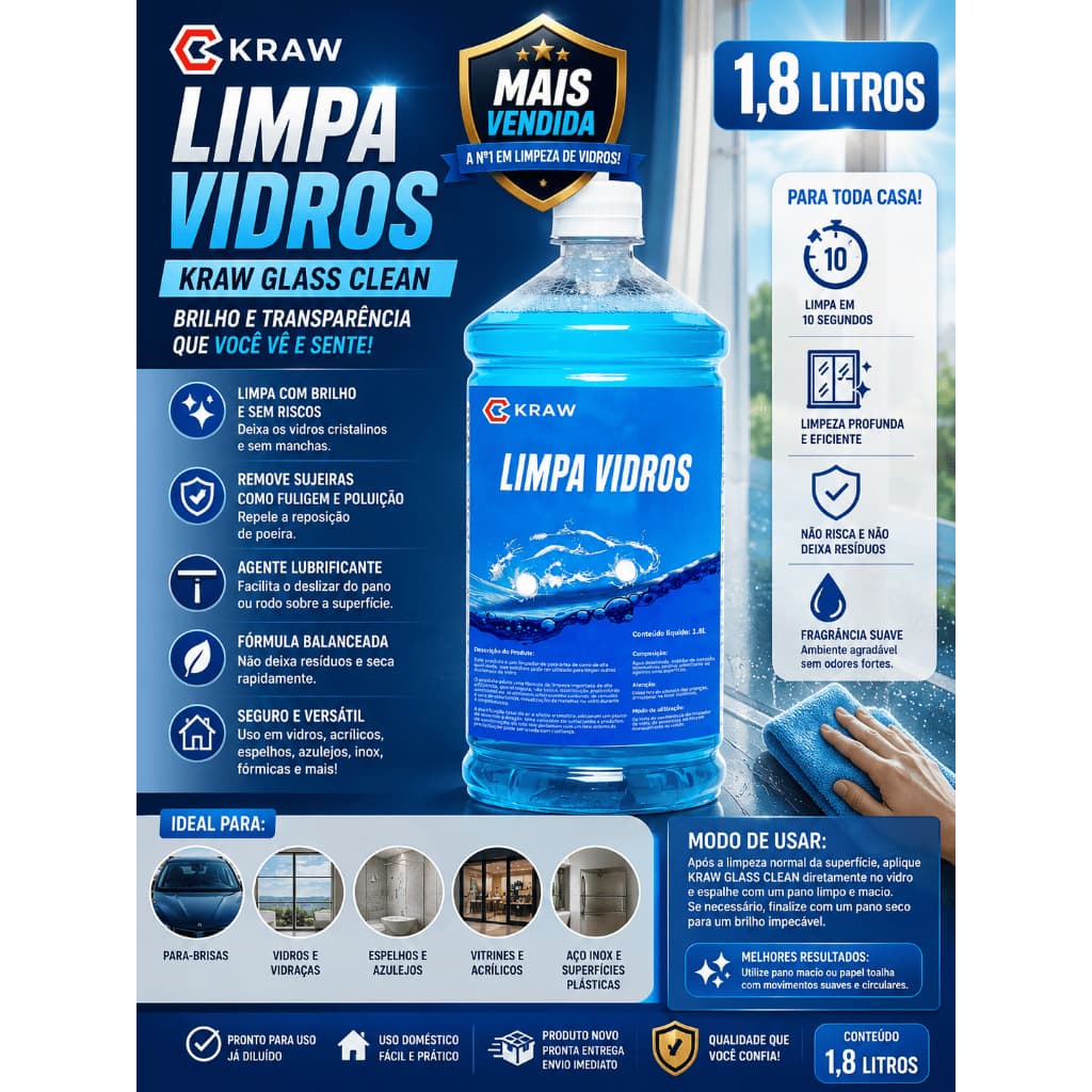 Limpa Vidros Kraw Glass Clean Espelhos e Para-brisas 1,8 Litros uso domestico e Profissional para Vidros em Geral
