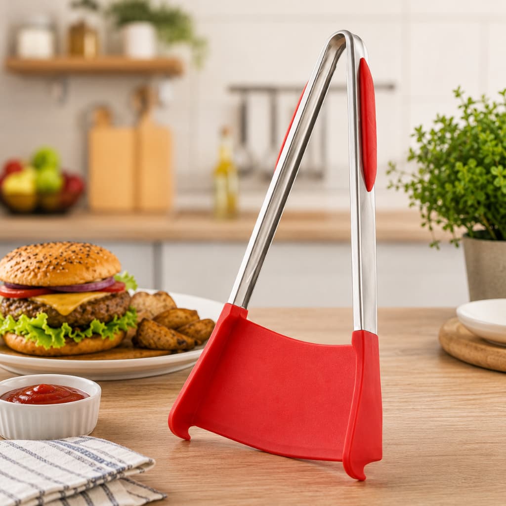Pegador Espátula Silicone Inox 2 em 1 Para Hambúrguer Carne Churrasco