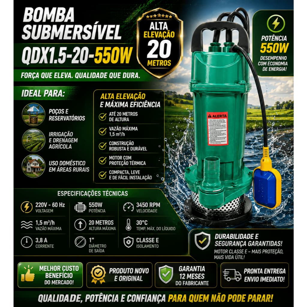 Bomba Submersível QDX 550W para Esgoto – Alta Vazão 20m Altura com Boia QDX1.5-20-550W