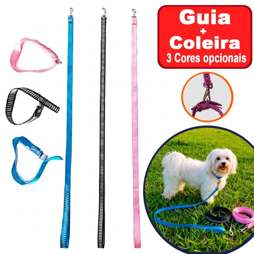 Kit Coleira e Guia Longa de Nylon 3 Opçoes  Azul, Rosa e Preto Resistente