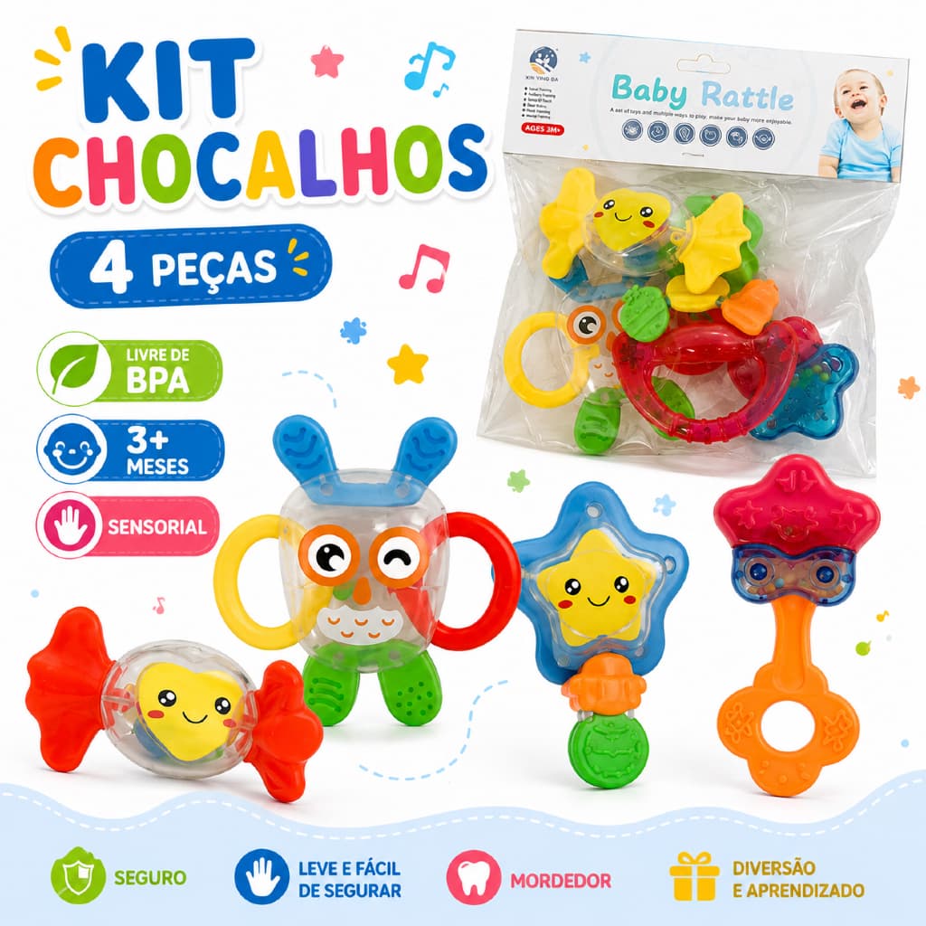 Kit Brinquedos para Bebê 4 Peças Chocalho Infantil Mordedor Educativo Coordenação Motora