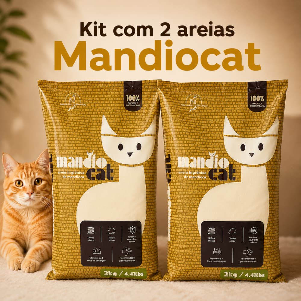 KIT 2 PACOTES DE AREIA HIGIÊNICA BIODEGRADÁVEL DE MANDIOCA P/ GATOS- MANDIOCAT CADA PACOTE TEM 2 KG