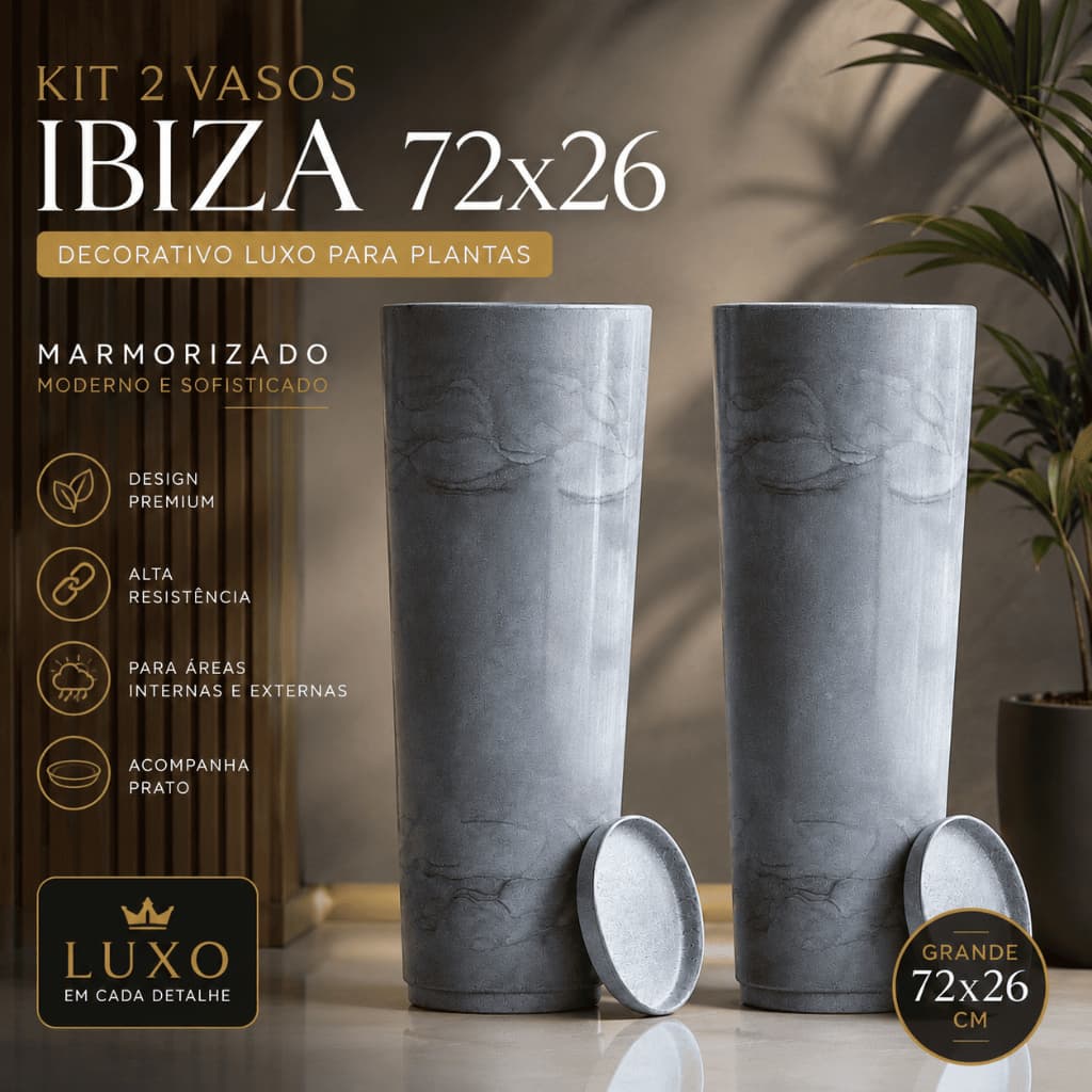 Kit 2 Vasos Ibiza 72x26 cm Decorativo Luxo Marmorizado para Plantas com Prato