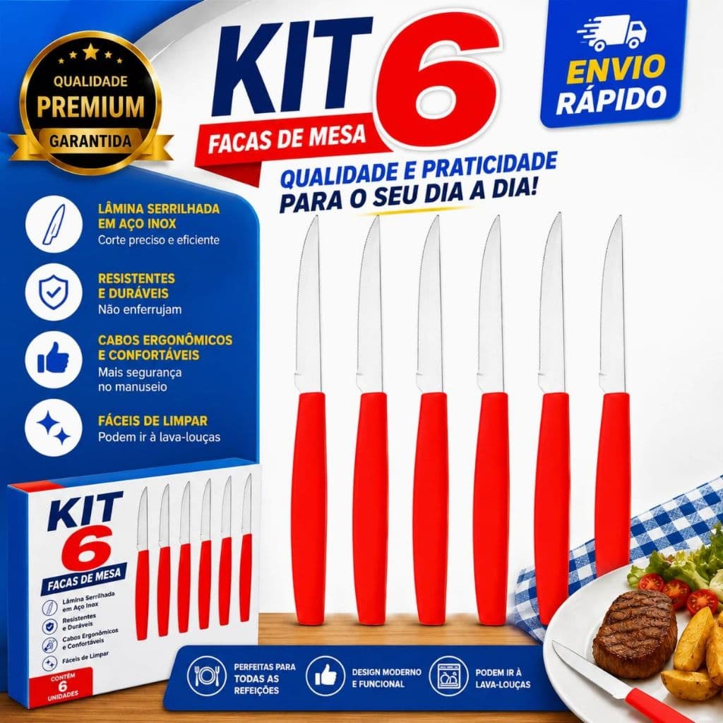 Kit 6/12/18 Facas de Mesa Aço Inox com Cabo Plástico Vermelho para mesa cozinha restaurante bar