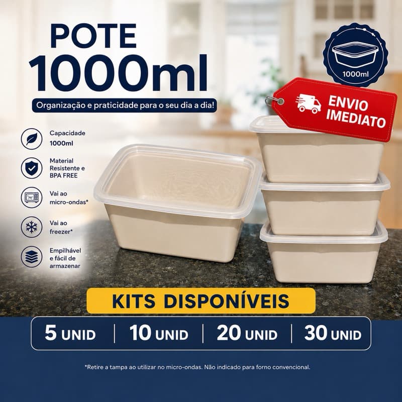 Kit Potes Plásticos 1000ml com Tampa Hermética BPA Free Marmita Organizador Freezer Micro-ondas