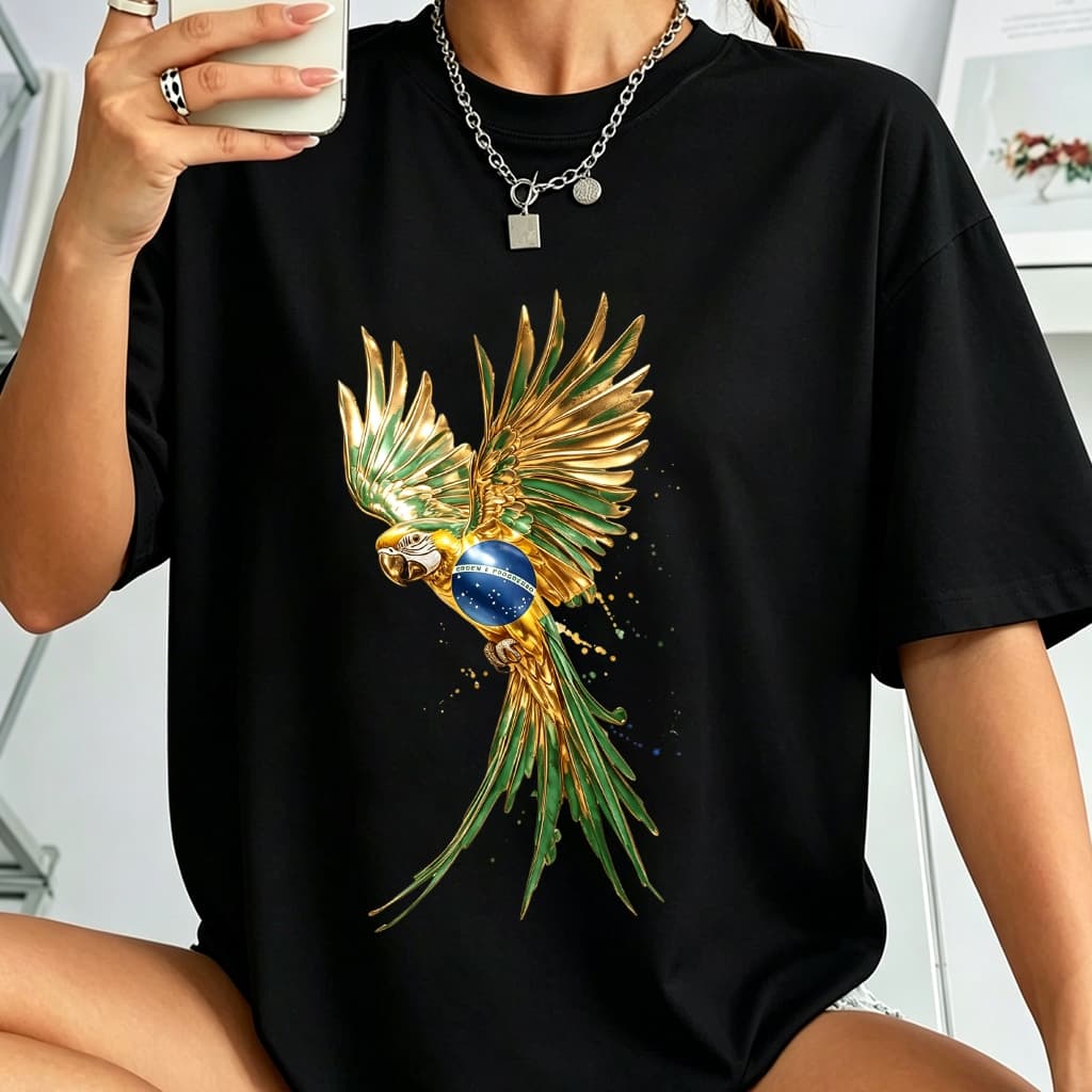 Camiseta Feminina Oversized 100% Algodão Estampa Arara Tropical Dourada Cores da Bandeira Brasil Plus Size