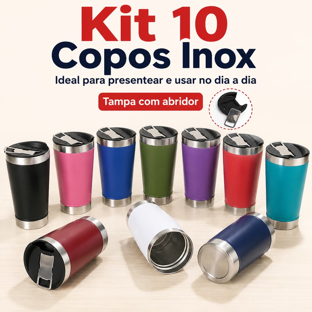 Kit 10 Copos Térmicos 473ml Inox Com Tampa E Abridor Gelada Quente Caneca Em Diversas Cores Fácil de limpar