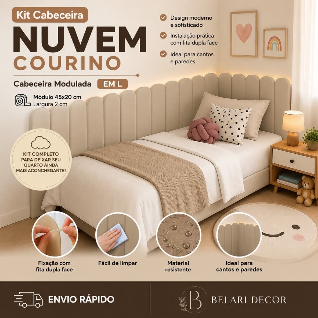 Kit Cabeceira Nuvem Courino em L Placas Estofada 45x20cm - Envio Imediato