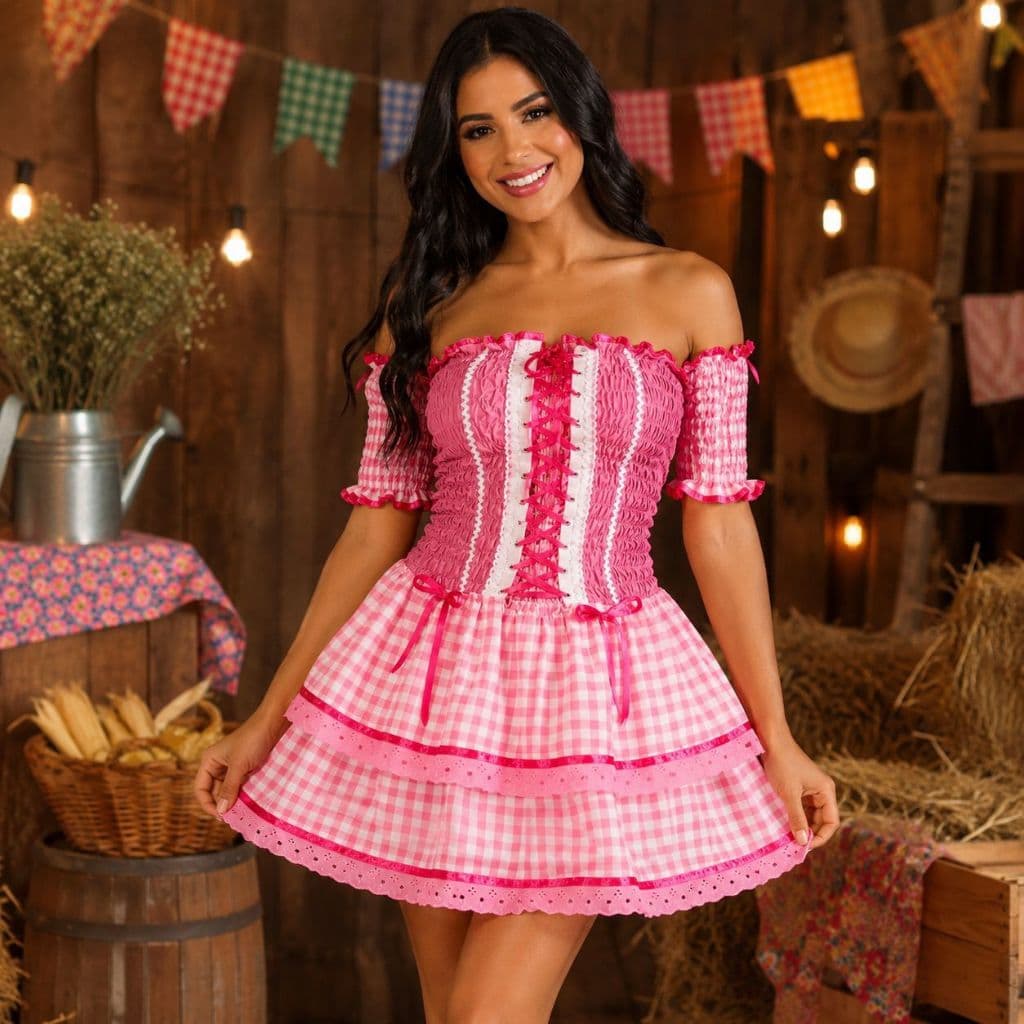 Vestido Caipira Feminino de Festa Junina Luxo Super Rodado Acinturado - Vestido Junino